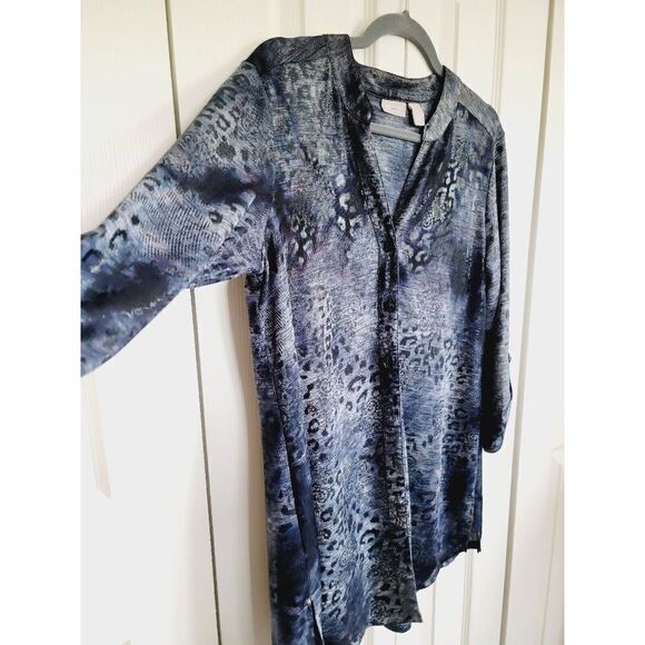 Chico's 1‎ Cardigan Black/Blue Animal/Floral Print Lightweight Button Shimmery - Picture 2 of 7